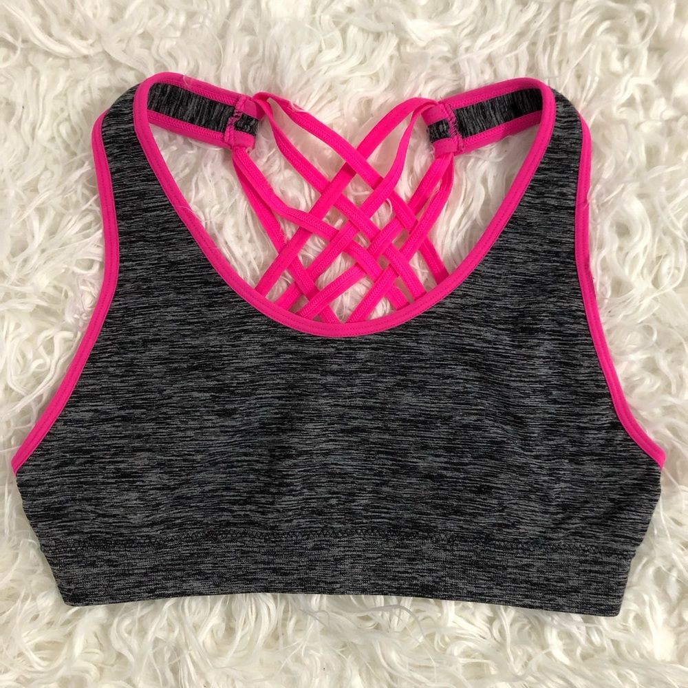 WORK OUT CRISSCROSS TOP HEATHER BLACK/GRAY BRIGHT PINK STRAPS SPORTS BRA MEDIUM